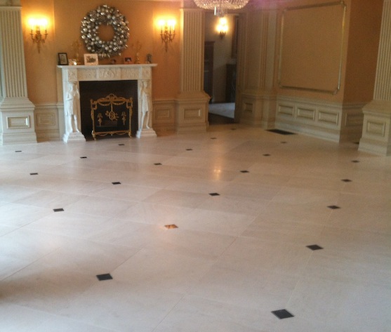 crema marfil floor with serpentine green marble inserts. Wellesley, MA